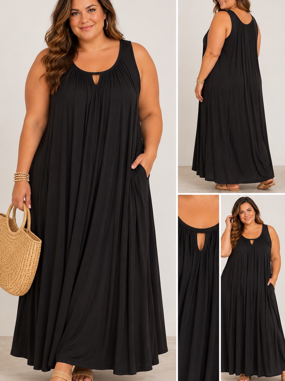 Terra & Sky Black Sleeveless Maxi Dress with Keyhole